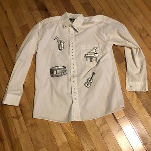 womens button down shirt band instruments small vintage saxophone drum piano